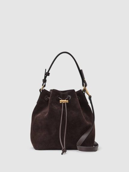 Reiss Esther Suede & Leather Bucket Bag, Chocolate